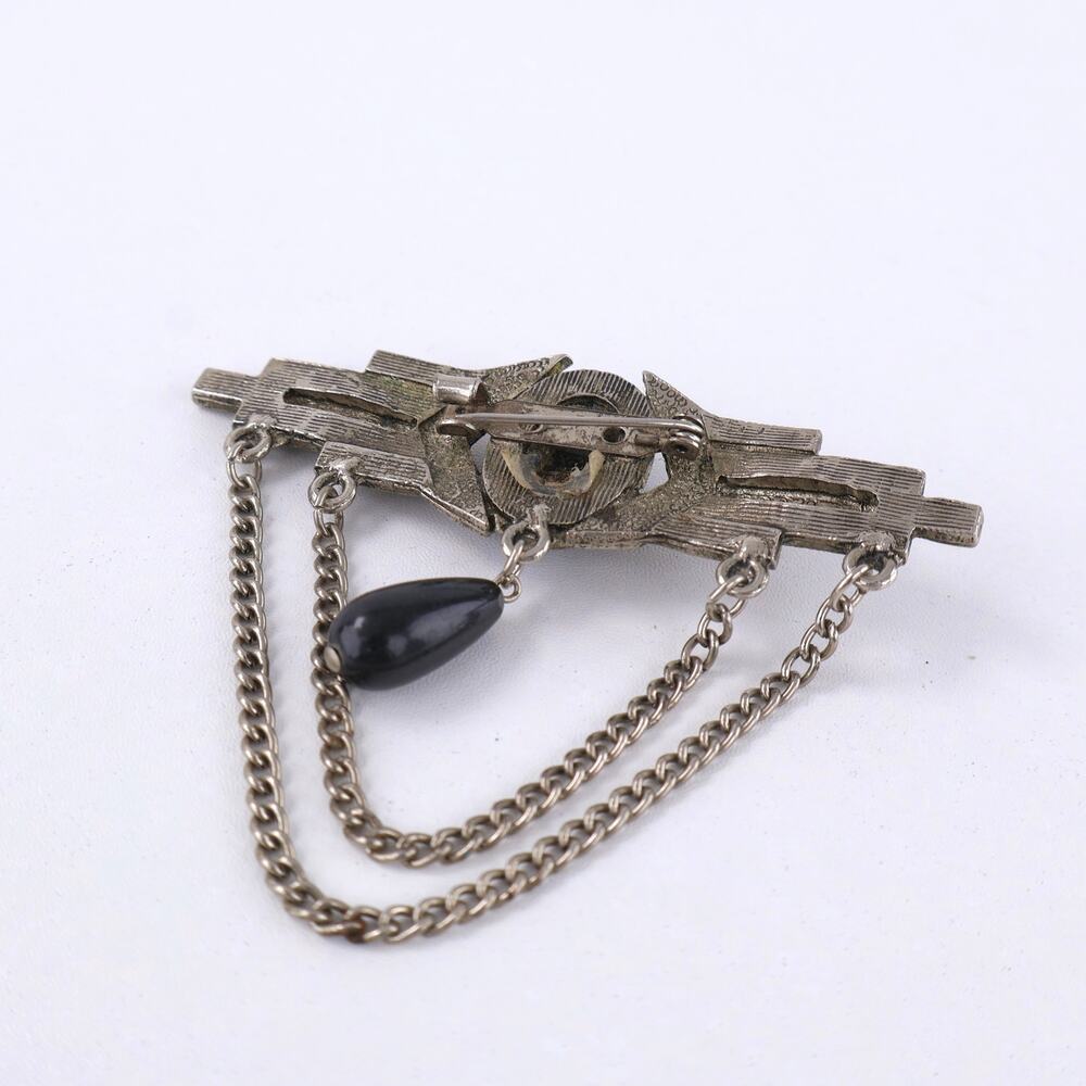 Antique Art Deco Marcasite Brooch Black Onyx Drape Chain C Clasp Pin 1920s - Picture 4 of 5
